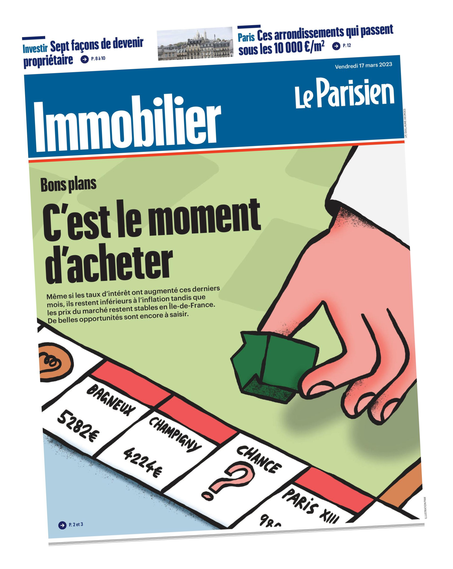 Une du supplément Immobilier du Parisien, présentant une partie du jeu de plateau Monopoly avec le titre "C'est le moment d'acheter"
